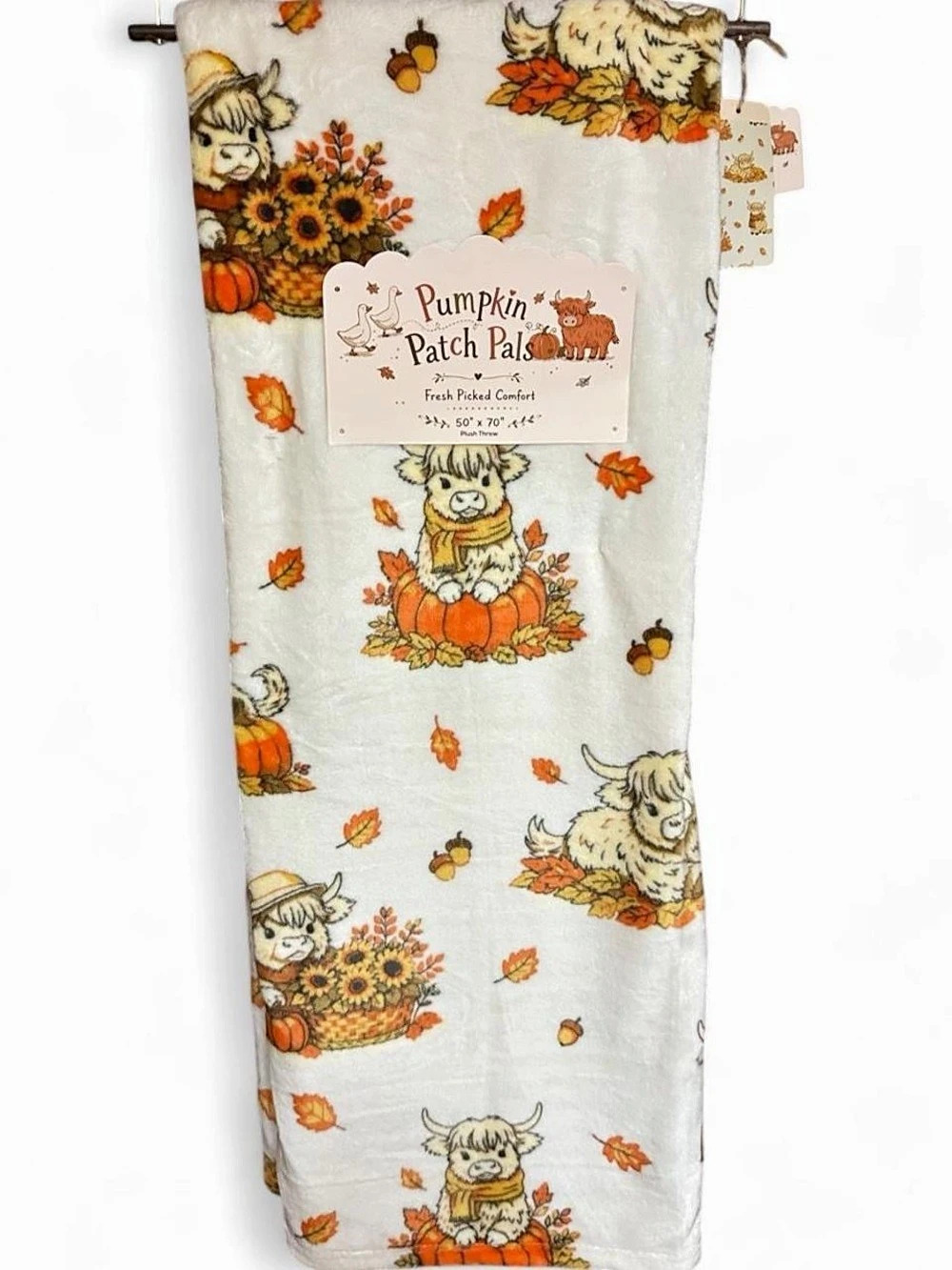 Pumpkin Patch Pals Fall Highland Cow Plush Throw Blanket